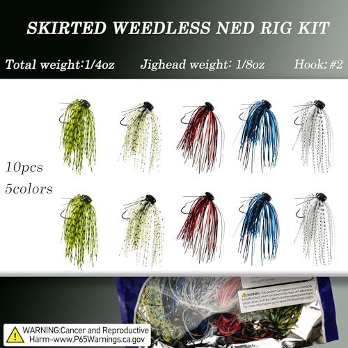 Ned Rig Jig Heads Soft Plastic Worms Fishing Lures Kit, 60/50/10 Pcs Weedless Skirted Mushroom Ned Rigs Jighead Hooks Stick Baits Bass Fishing Lures for Freshwater Saltwater - color: 10 Pcs Weedless Skirted Ned Rigs