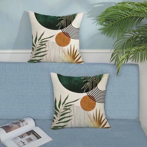Boho Pillow Covers 18x18 Set of 2 Gold Green Throw Pillows Modern Mid Century Pillowcase Tropical Leaves Orange Sun Decorative Pillows Outdoor Decorations Bohemian Cushion Case for Sofa Home - color: Green-mid Century 1, size: 18" x 18" (Pack of 2)