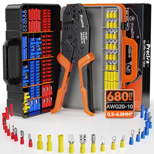 Preciva Crimping Tool for Insulated Terminals Wire Connectors, AWG20-10 Ratchet Crimper with 680 Pcs Insulated Terminals Connectors
