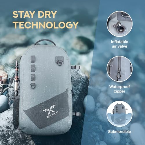 Xelfly - Waterproof Fishing Backpack with Rod Holder, Inflatable Air Valve, Padded Waist Straps & Gear Loops - Submersible Zipper, Rugged Top Handle, Adjustable Attachments (Blue) - color: Blue, size: Fishing Backpack