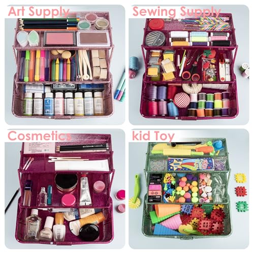 Glitter Pink 3 Layer Craft Storage Box, Pink Tackle Box Organizer for craft tool, Cosmetic Organizer for girls - color: Hot Blush