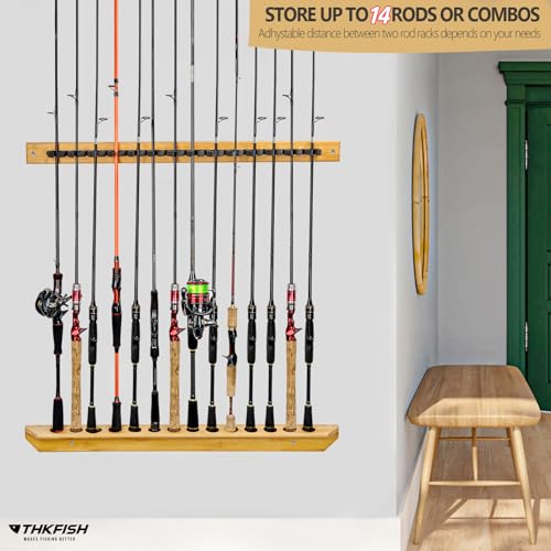 THKFISH Fishing Rod Racks Fishing Rod Holders for Garage Wood Fishing Pole Wall Rack Store 14 Fishing Rod Combos,1 Pair - color: Vertical Rod Rack-for 14 rods