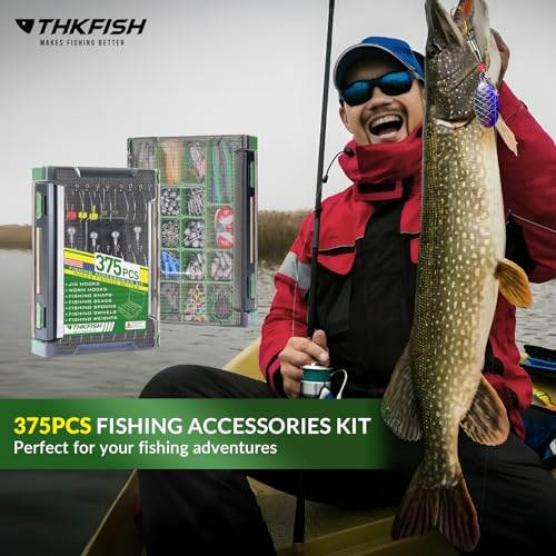 THKFISH 375pcs Fishing Accessories Kit, Double sided Organized Fishing Tackle Box with Tackle Included Hooks, Weights Sinkers, Bass Fishing Gear Gifts
