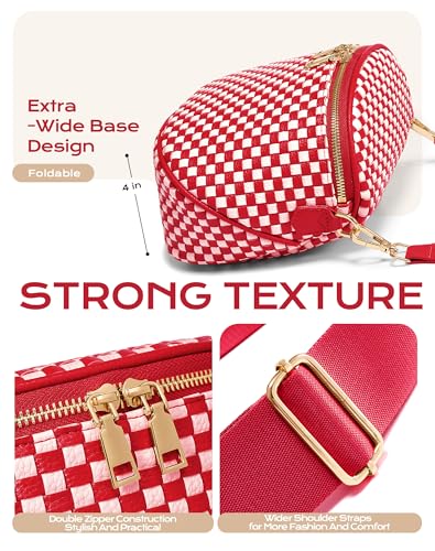 Trendy Woven Checkered Crossbody Bum Bag for Women，PU Leather Checkered Purse Fanny Packs Belt Bag (Woven Bum Bag - Red White) - color: Woven Bum Bag - Red White