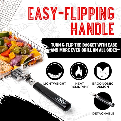 SHIZZO Grill Basket Gift Set - Removable Wooden Handle - Non-Stick Stainless Steel, BBQ Grilling Rack for Fish, Shrimp, Vegetables - Camping & Outdoor Smoker Accessories, Gifts for Dad, Husband