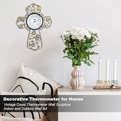 Wall Thermometer Indoor Home with Cross and Floral Design - Metal Prayer Room Decor for Christian, Green Flower Wall Thermometer for Living Room, Bedroom - Accurate Temperature Gauge - color: A-Christian Cross