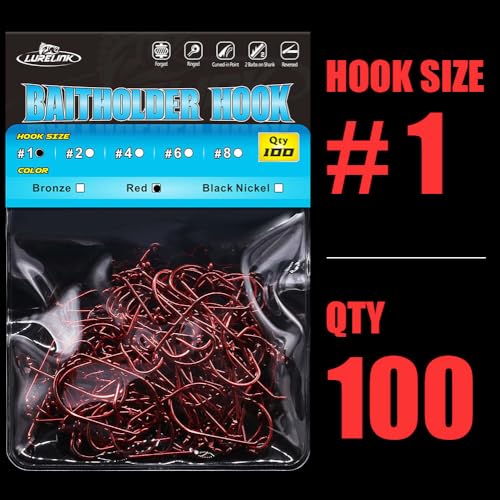 Baitholder Fishing Hooks 100 Pack - Double-Barbed Long Shank for Bluegill Bass Trout Walleye Black/Red, 8/0-#8 - color: 1-Red, size: Size:1 100-Pack