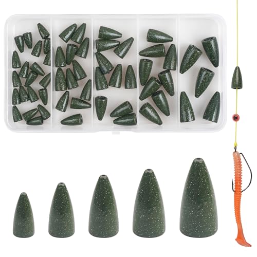Bullet Fishing Weights Sinkers, 30pcs Worm Slip Sinkers Weight for Bass Fishing Carolina Rig Texas Rig Drop Casting Sliding Weights Saltwater Freshwater - size: 55pcs Weights Kit