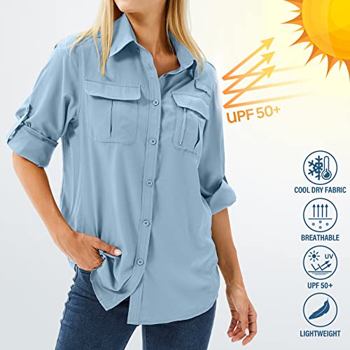 Women's UPF 50 Long Sleeve Sun Protection Shirts Safari Fishing Hiking - color: Blue, size: Medium