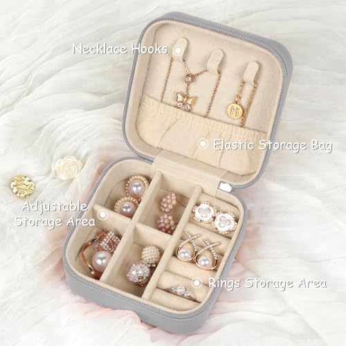 MFXIP Travel Jewelry Case Small Jewelry Box Jewelry Organizer Storage Case Portable PU Leather Mini Jewelry Travel Case for Girls Womens Earring, Necklace, Rings,Bracelets - color: Gray