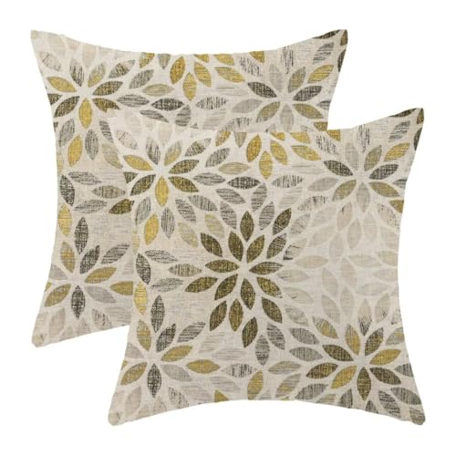 AEIOAE Grey Yellow Pillow Covers 18 x 18 Inch Set of 2, Rustic Geometric Dahlia Flower Decorative Throw Pillows Yellow Floral Pillowcase Farmhouse Linen Cushion Covers for Couch Home Sofa Decor - color: Grey Yellow Floral, size: 18" x 18" (Pack of 1)