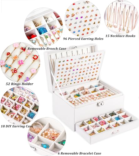 QBestry Earring Jewelry Box for Women Girls Stud Organizers, 5 Layers White Jewelry Organizer Box with Lock Necklaces and Earrings Holder Jewelry Box with Earring Organizer for Women Girls Xmas Gifts - color: White, size: Large