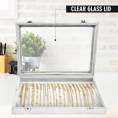 Necklace Organizer Box with Clear Lid Velvet Tray for Jewelry Storage Display Case, 20 Hooks Glass Top Drawer Insert Necklaces Pendants Dustproof Necklace Jewelry Box Organizer & Tray (Grey) - color: Grey, size: Necklace tray