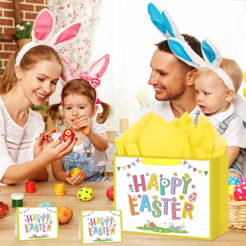Hooqict Large Easter Gift Bag with Handles, Tissue Paper, Greeting Cards for Kids Easter Egg Basket Gift Bags Spring Birthday Goodie Treat Party Favors - color: Easter