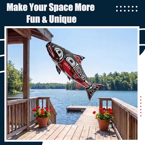 Newwiee 1 Pcs 45" Fishing Windsock for Outdoor Decor, Heavy Duty Fade Resistant Hanging Flag with Swivel Clip for Boat Dock Lake House Patio Yard, Fishing Gift for Men Dad Fisherman (Salmon) - style: Salmon