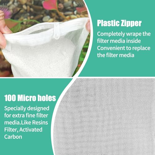 AQUANEAT Aquarium Filter Media Bags 15pcs Fish Tank Extra Fine 100 Micron Mesh Bags with Plastic Zipper for Activated Carbon (5.5" x 8") - size: 5.5" x 8"