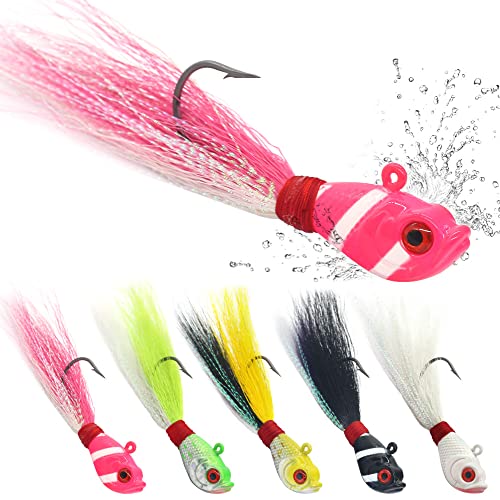 Bucktail-Jigs-Saltwater-Hair-Jigs-Head -Fishing-Lures-Assorted Kit - color: Assortment 5 Pack（5 colors）, size: 1/2oz(14g)