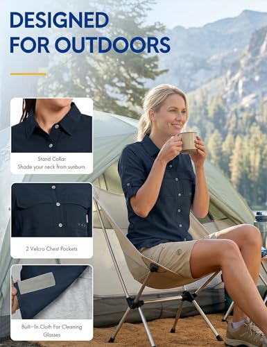 Haimont Women's UPF 50+ Long Sleeve Hiking Button Down Shirt | Quick-Dry, Mesh Back Vents, Roll-Up Tabs, Rod Holder, Lens Cloth, Camping & Travel - color: Dark Blue, size: X-Small