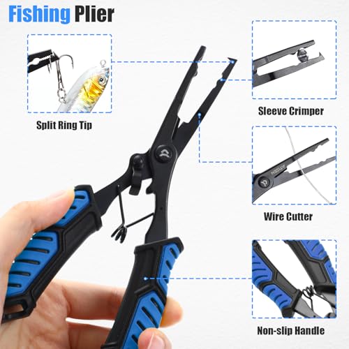 RoundFunny 3 Pcs Fishing Tool Kit, Fishing Landing Net with Telescoping Pole Handle, Fish Plier with Sheath, Fish Lip Gripper for Freshwater Extend to 30-56 Inches, Gear Gifts for Men Women