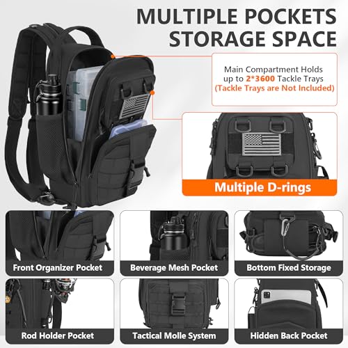 GMAK Fishing Backpack with Tackle Boxes, Fishing Sling Tackle Backpack Bag for Fish Gear With Rod Holder, Fish Kits Gifts for Men Women with Lures, Pliers, Lip Gripper, Black Kit - color: Black, size: Standard, style: Sling Backpack With Fishing Tools
