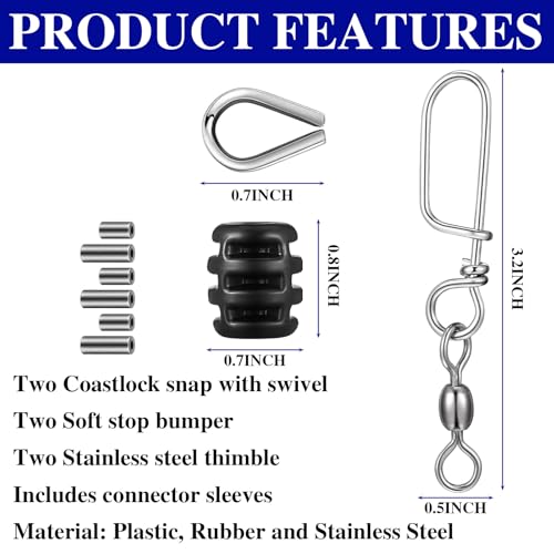 VioraWhite 2 Sets Terminal Kit Fishing Snap with Swivels, Stainless Steel Fishing Snap Swivels Corrosion Resistance with Soft Bumper, Stainless Steel Thimble and Connector Sleeves