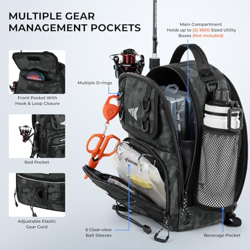 KastKing BaitSpace Fishing Sling Bag, Fishing Backpack with Rod & Beverage Holder, Tackle Bag for Fishing Gear - color: A: Black Camo, size: Standard
