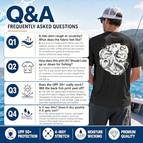 Riverruns Men's Fishing Shirt Short Sleeve UPF 50+ UV Sun Protection T-Shirt Rash Guard Swim Shirt #1024 - color: Black / Octopus, size: Large