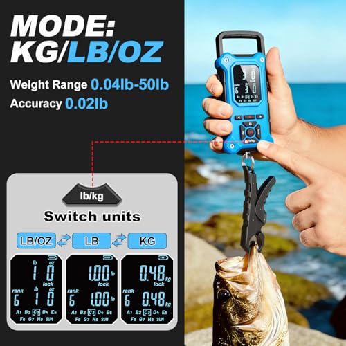 SNAIL TRAIL 8 Storage Bins Digital Fishing Scale & Lip Gripper with Auto-Rank, Large & High Contrast Backlit LCD Display, Multi-Mode(LB, LB-OZ, KG), 50 lbs Tournament Bass Fish Weigher, Gift for Men - color: Blue