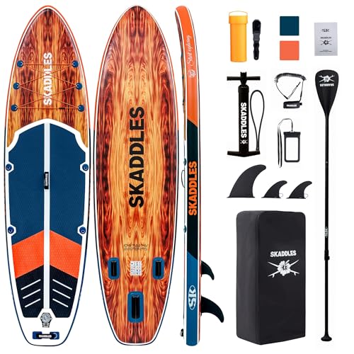 10’6’’ Inflatable Stand Up Paddle Board (SUP) for Adults and Youth with Non-Slip Deck – Complete Accessories Kit, for Fishing, Yoga, Fitness & Family Fun - color: vibrant orange wood grain