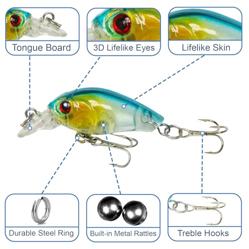 Top Water Fishing Lures Kit, 6 PCS Micro Fishing Lure Crankbaits Baits with 2 Hooks 3D Eyes Bait for Saltwater Freshwater Bass Trout Catfish Pike Perch - color: A