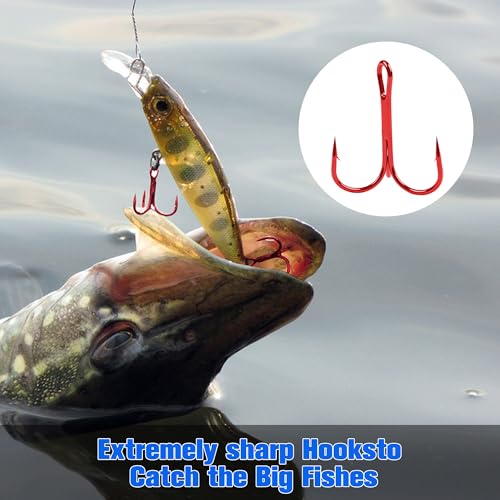 50 Pack Fishing Treble Hooks Kit High Carbon Steel Fish Hook Strong Sharp Round Bend Split Rings for Lures Baits Saltwater Freshwater Fishing Size 1/0 2 4 6 8 10 - color: Red, size: 10# - 50pcs