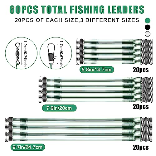 Fishing Leaders Saltwater,60pcs Stainless Steel Wire Leaders with Swivels Snap High Strength Fishing Line Leader for Connect Fishing Tackle Lure Bait Rig Hooks,6/8/10inch - color: Green - 60pcs (6"+8"+10")