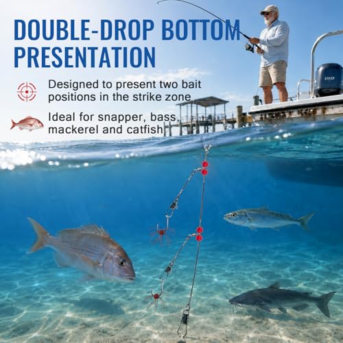 Narcissus Double Drop Saltwater Fishing Rig – Mono 2 Hook Bottom Rigs with Swivels & Snaps, Pre-Tied Surf Pier Boat Leader Line for Snapper, Bass, Mackerel, Catfish - color: Double Drop Rig-12Pack- Black