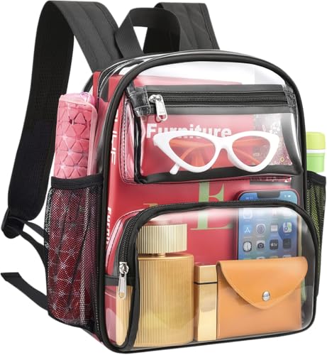 MAY TREE Clear Backpack for Stadium Events, 12x10x6 Inches Stadium Approved | 2 Extra Front Pockets, Clear Bag with Padded Strap for Stadium Events, Transparent Bag for Concert, Festival, Game Day -Black - color: Black-1, style: 2 Front Pocket-1
