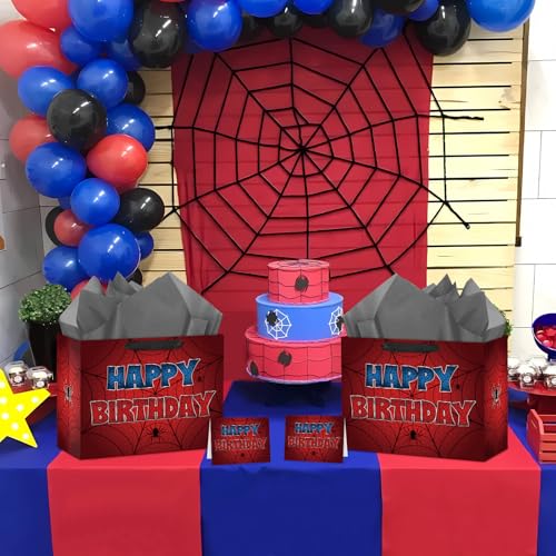 Hooqict Spider Gift Bag Happy Birthday Gift Wrapping Bag with Handles, Tissue Paper, Greeting Card for Kids Boys Teens Men Goodie Candy Treat Gift Box Spider Web Birthday Party Favors - color: Spider