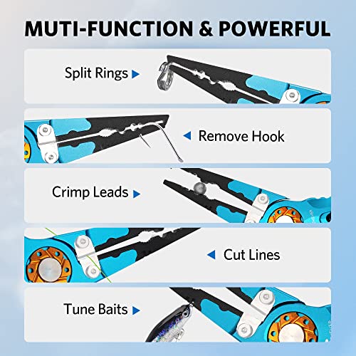 Saltwater Fishing Pliers, Split Ring Pliers for Fishing with Safety Lock, Fish Pliers with Sheath and Lanyard, Fishing Gifts for Men - color: A-blue