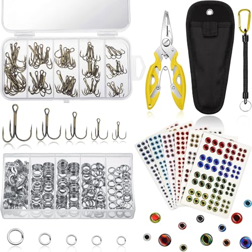Skylety 200 Pcs Fishing Stainless Steel Split Rings, 50 Treble Hooks, Lure Tackle Connector Fishing Pliers, Fish Lanyard and 876 Lure Eyes for Tackle Fish - color: multicolor