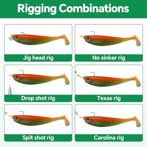Clearance Bionics-Designed Durable Soft Plastic Fishing Lures Kit with Bonus Accessories, 3/4/5/6 Inch, 9-Type Lifelike Swimbaits in One Gear Set Included Tackle Box for Bass - color: Orange and Green