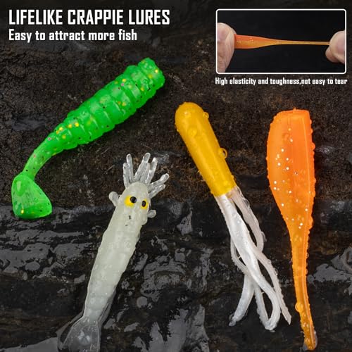 THKFISH Crappie Lures Jigs Heads Kit, 95pcs Soft Plastic Baits Fishing Lures and Tube Jigs Heads for Trout Panfish & Bass Fishing