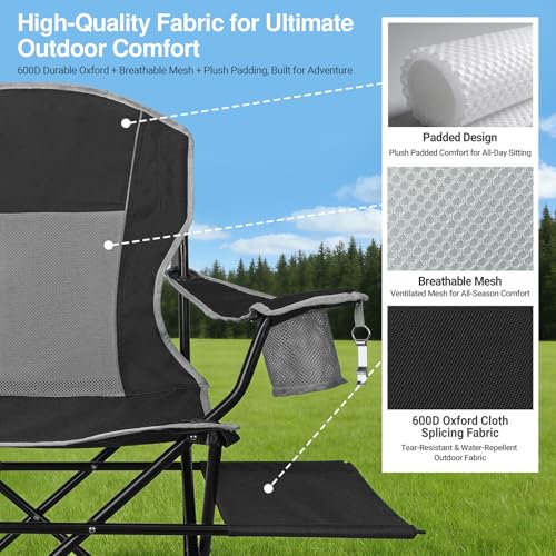 XGEAR Camping Chairs 350LBS Capacity, Heavy Duty Folding Chair with Side Table, Portable Outdoor Chair with Cup Holder for Adults, Collapsible for Tailgating, Beach, Fishing, Backyard - Black - color: Black, size: 1-Pack