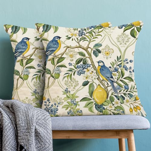 Chinoiserie Blue and Green Floral Bird Pillow Covers 18x18 Set of 2, Yellow Lemon Flower Summer Decorative Throw Pillows Farmhouse Linen Outdoor Cushion Case for Home Couch Sofa Decor - color: Blue Yellow Lemon Bird 2, size: 18" x 18" (Pack of 1)