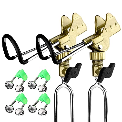 Rod Holder Fishing Pole Holder with Fishing Rod Alarm Bells,Universal Adjustable Gold Fishing Rod Holder Hand and Sea Dual-Purpose Ground Plug Holder for Bank Fishing - color: gold 2pcs