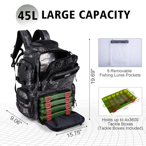 Goture Fishing Backpack with 4 Tackle Boxes,900D Water-Resistant Tackle Backpack with Rod Holders,SBS Zippers,45L Large Tackle Storage Gear Bag with Rain Cover,Bottle Holder for Travel Camping Hiking - color: A1:19# Camo, size: Include 4 Tackle Boxes