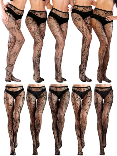 Ramede 10 Pairs Lace Fishnet Goth Patterned Fish Nets Tights High Waist Mesh Pantyhose Thigh High Stockings for Women - size: Small