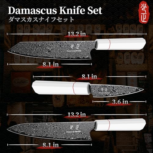 DRGSKL Japanese Knife Set Damascus - VG10 Kitchen Knife Set 3 PCS for Fruit, Vegetables, Fish and Meat - Japanese G10 Handle - Gifts for Men and Women - size: 8.2 inch