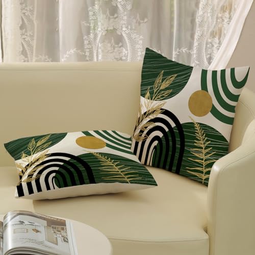 Boho Green Pillow Covers 18x18 Set of 2 Green Gold Leaf Tropical Decor Mid Century Throw Pillows Outdoor Bohemian Decorative Pillowcase Farmhouse Abstract Modern Cushion Case for Couch Sofa - color: Mid Century-green 1, size: 18" x 18" (Pack of 2)