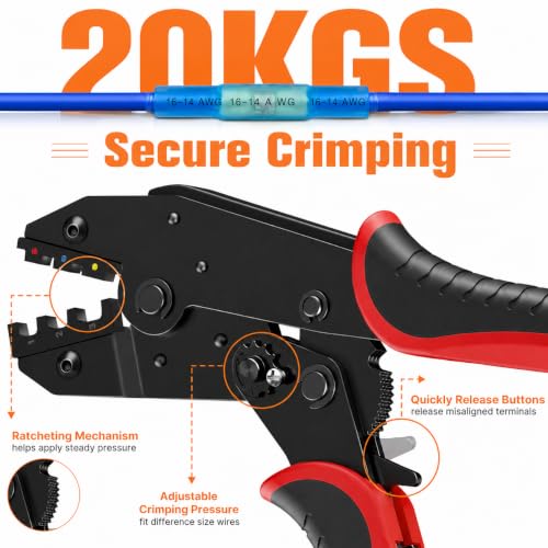 Kuject Crimping Tool Kit with 340 PCS Heat Shrink Connectors | AWG 22-10, Portable All-in-One Case, Ratchet Crimper, Self-Adjusting Wire Stripper , Butt, Ring, Female & Male Connectors