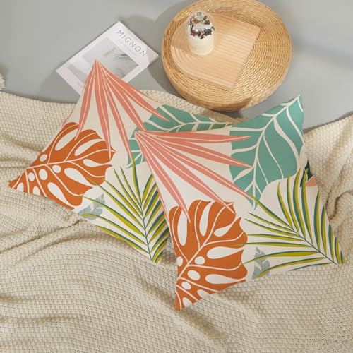 Summer Tropical Pillow Covers 18x18 Set of 2, Monstera Palm Leaf Pillowcase Green Orange Botanical Coral Summer Throw Pillows Outdoor Decor Farmhouse Cushion Case Linen Decorative for Home - color: Colorful Tropical, size: 18" x 18" (Pack of 2)
