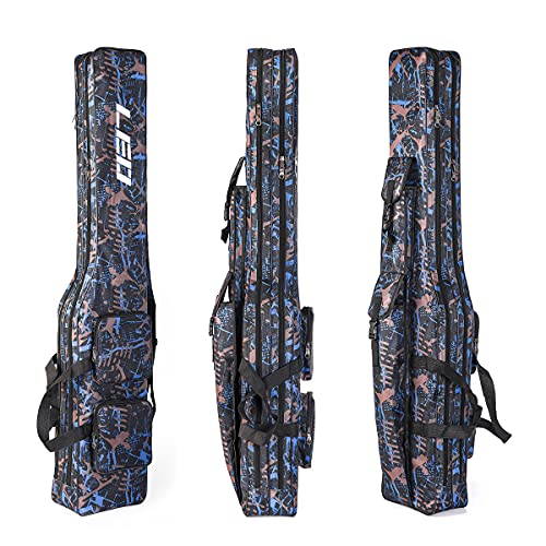 LEOFISHING Fishing Tackle Storage Bag 130cm/4.27ft Portable Fishing Rod Reel Organizer Fishing Pole Gear Tool Cases Carrier Two Layer Durable Oxford Large Capacity Travel Fishing Cover Bag 5 Color (Blue Camouflage) - color: Blue Camouflage