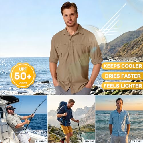 Men's Sun Protection Safari Fishing Shirts Long Sleeve UPF50+ UV Quick Dry Lightweight Cooling Hiking Travel - color: Gravel Brown, size: Small